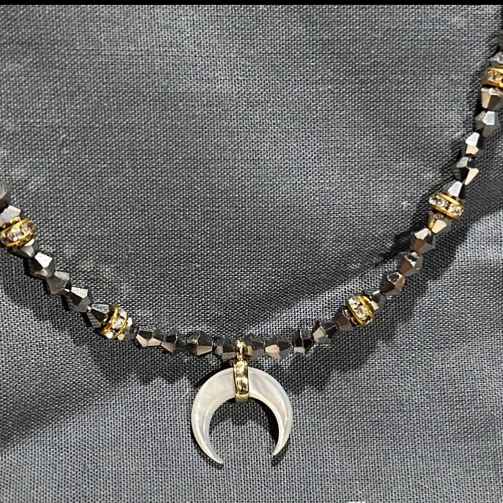 Jules Smith Black And Gold Crystal Choker with Moon Pendant Necklace NEW